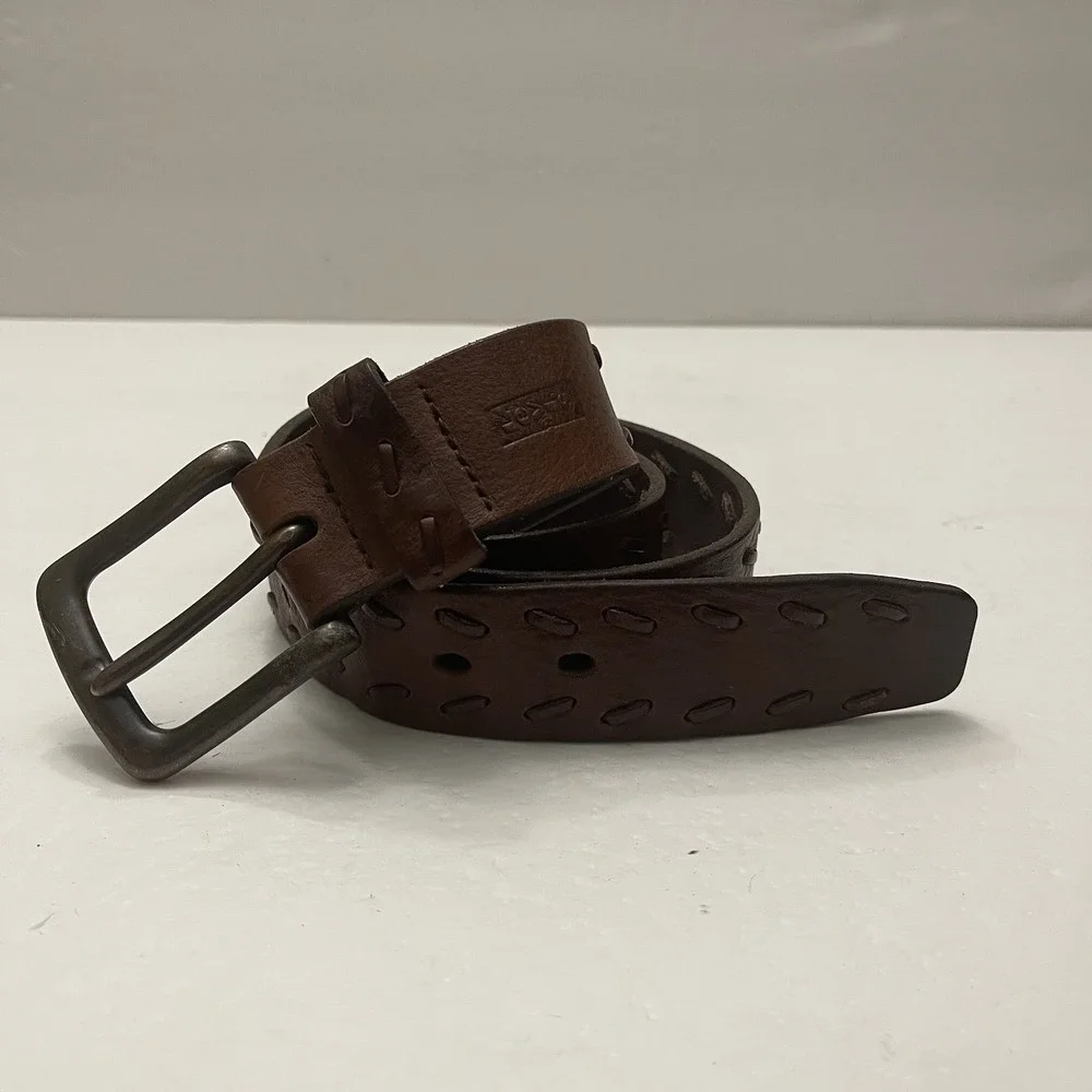 Levi's Men's Brown Leather‎ Whipstitched Belt Size 36 Bronze Buckle